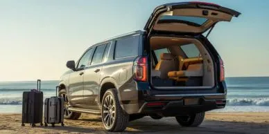Chevrolet Suburban with open tailgate showcasing spacious interior.